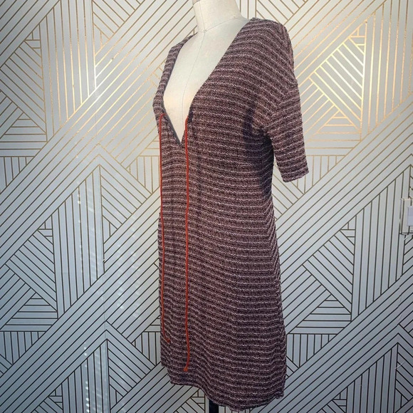 Zara Tweed Pink Orange Stripe Tie Neck Short Sleeve Mini Dress Size Small - Picture 5 of 11